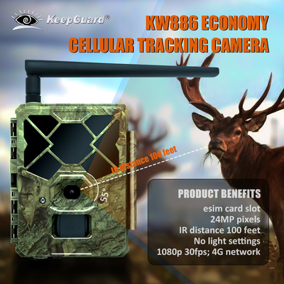 Kostenwirksame KW886 Wildtierkamera mit APP-Steuerung 4G SIM-Karte 24MP 1080P bei 30fps wasserdichte IP67 Nachtsicht Spielekamera