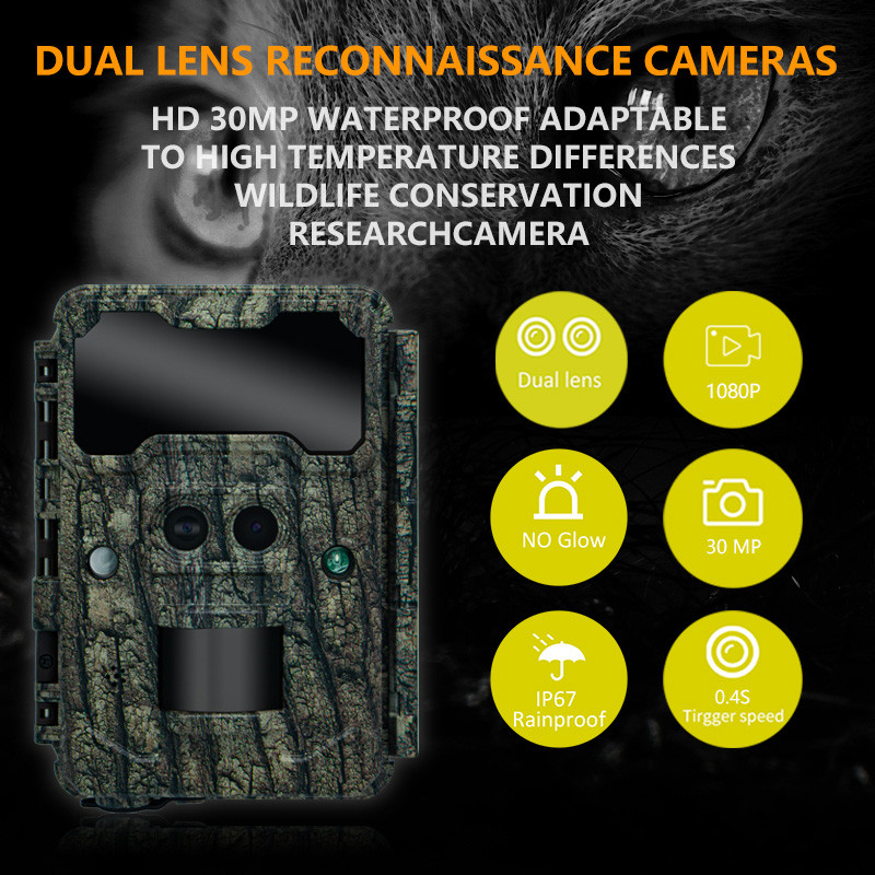 KW696 Außenkamera zur Jagd auf Wildtiere Dual-Lens 30MP Lichtlose Spurkamera 1080p Nachtsicht 512G Waldkamera Infrarot