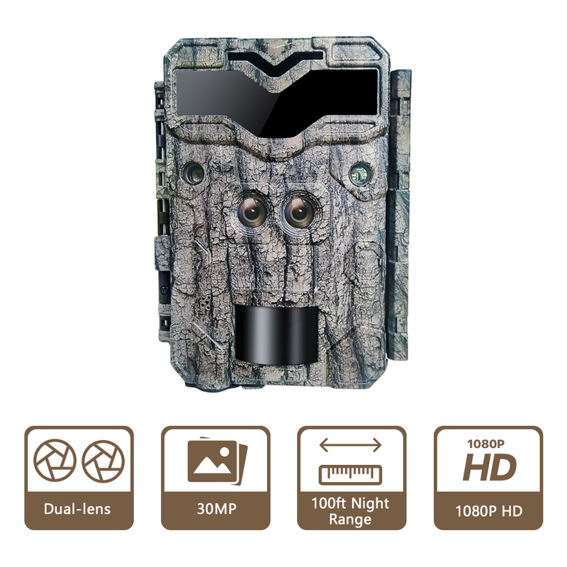 Jagdkamera KW698A Doppelobjektiv 1080P 30MP wasserdicht IP67 bis zu 512 GB Speicherplatz Nachtsicht 0,25s Trigger-Spielkamera