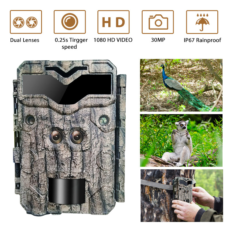 Überwachung Jagdkamera KW698A mit Dual-Objektiv 1080P 30MP wasserdicht IP67 bis zu 512GB Nachtsicht 0,25s Auslöser